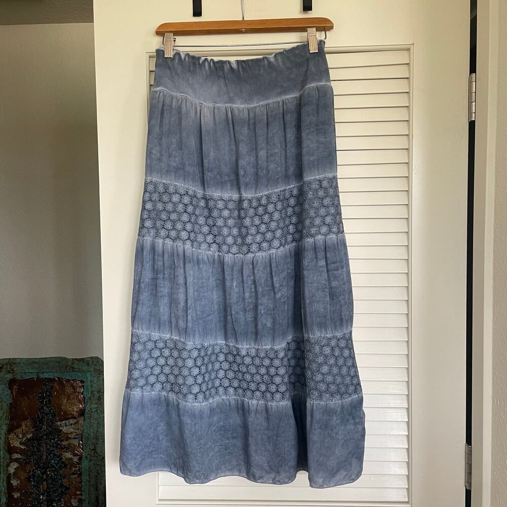 Vintage Tantrums Slate Blue Crochet Lace Tiered Cotton Maxi Skirt L Boho Prairie - Picture 3 of 6
